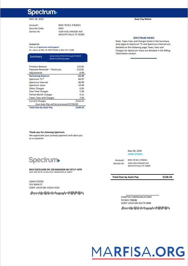 Realistic USA Spectrum utility bill template in Word and PDF format (.doc and .pdf)